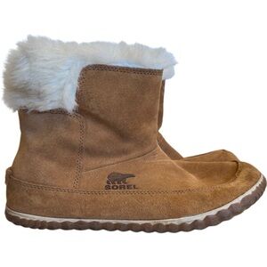 Sorel Out 'N About Casual Suede Boots Booties Womens 8 Elk Brown Faux Fur lined